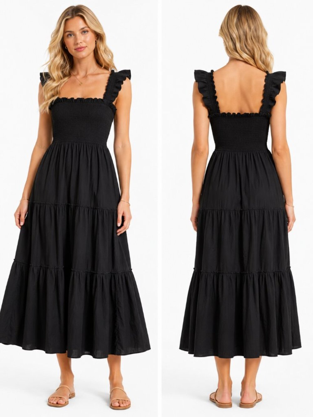 Rooscier Cotton Smocked Tiered Maxi Dress Women Black Ruffle Square Neck Size M